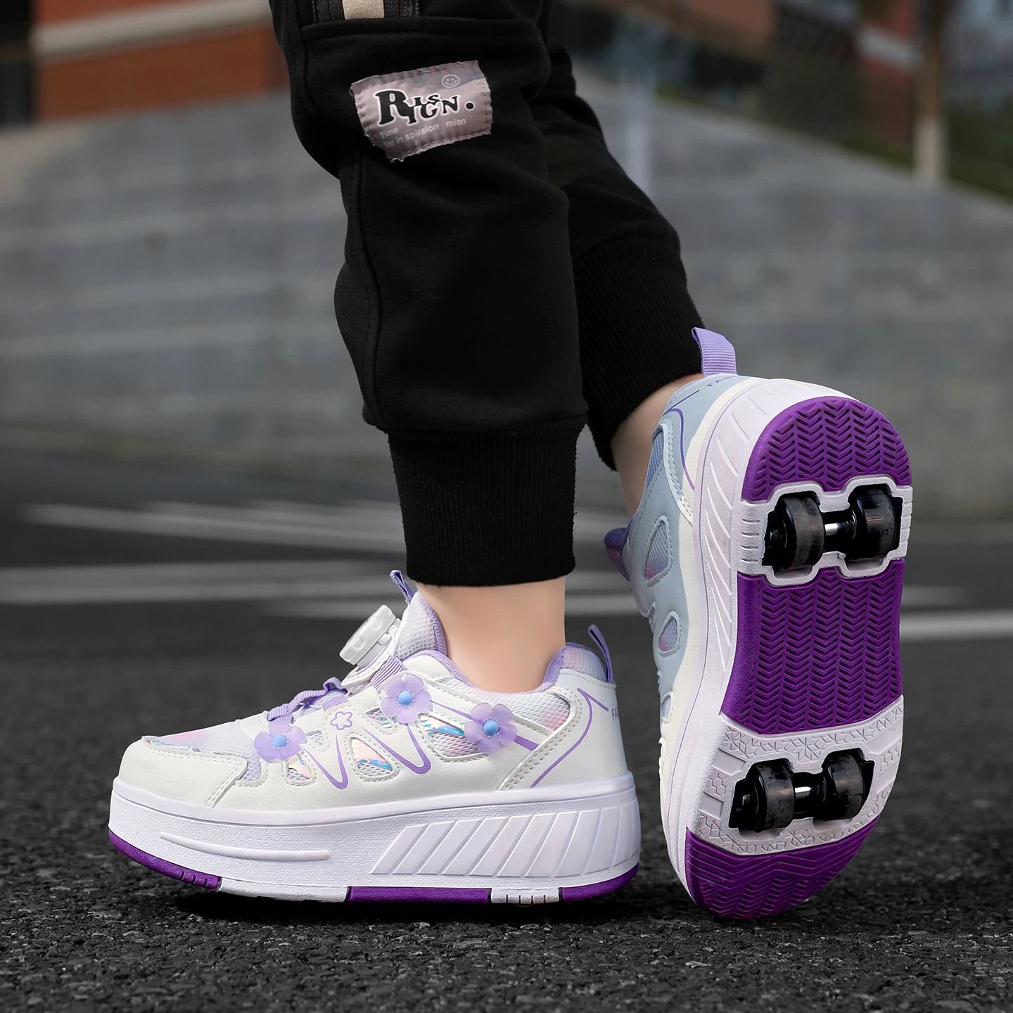 Kids Girls 4 Wheels Roller Skate Shoes Breathable Mesh Flower Rotary Buckle Walk & Roll Casual Sneakers