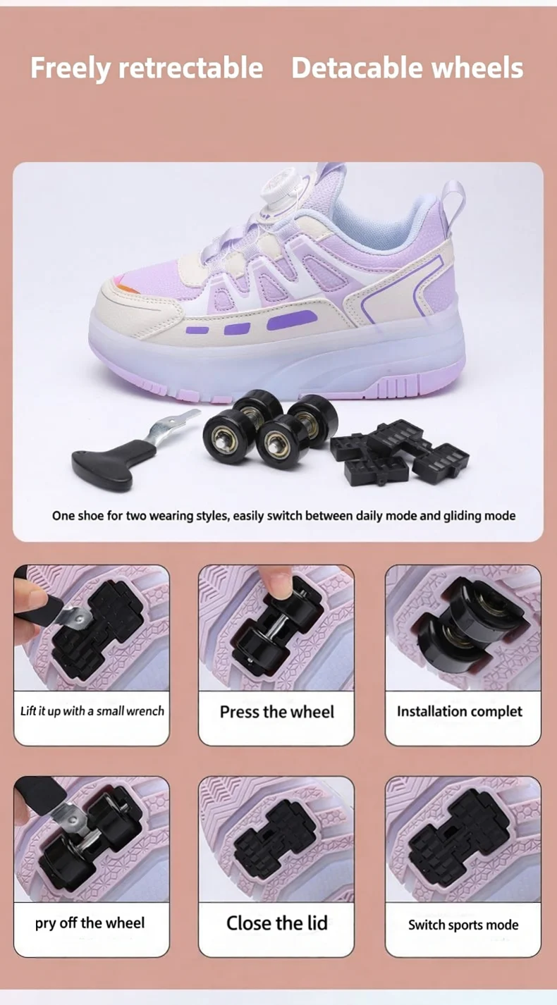 Kids Girls 4 Wheels Roller Skate Shoes Breathable Mesh Flower Rotary Buckle Walk & Roll Casual Sneakers