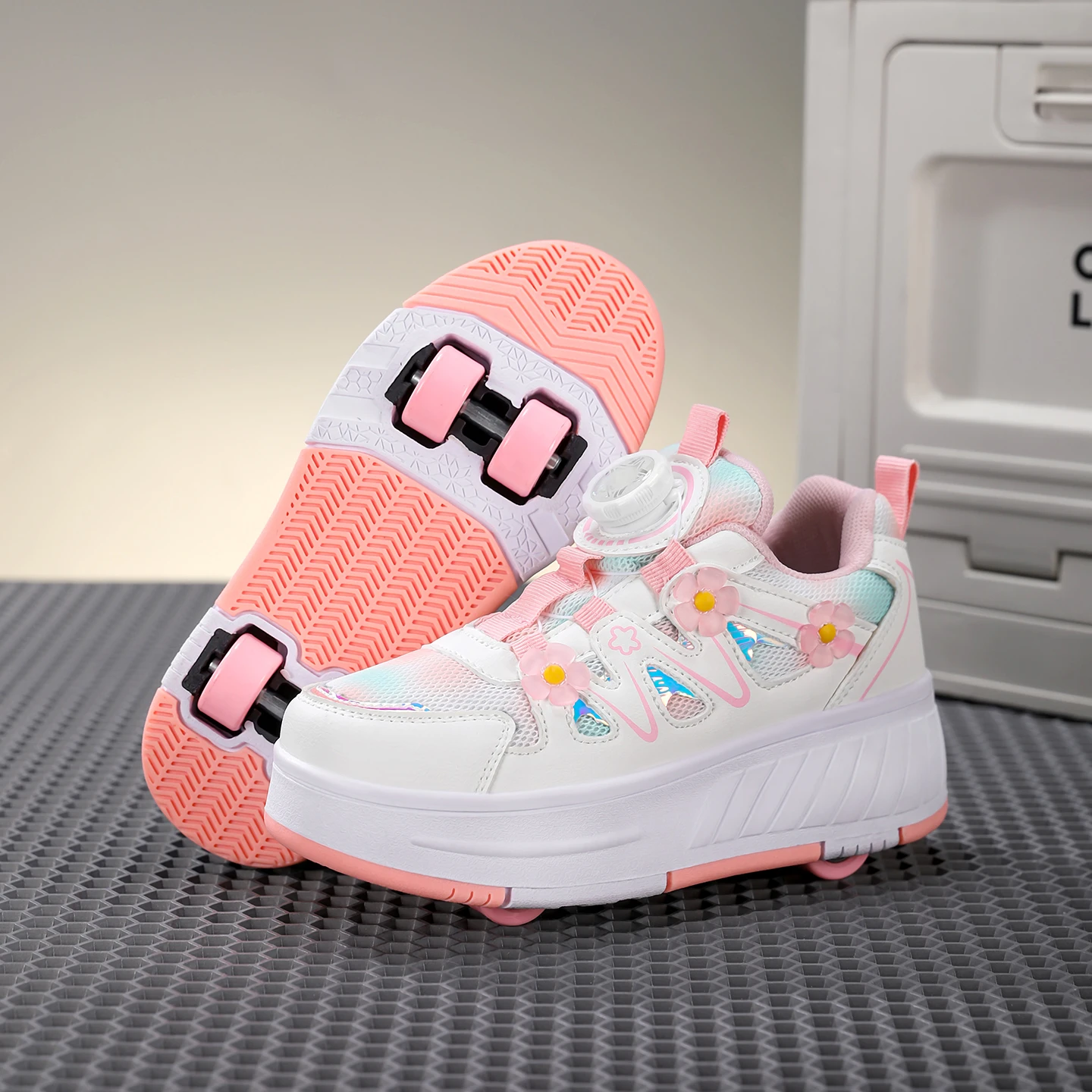 Kids Girls 4 Wheels Roller Skate Shoes Breathable Mesh Flower Rotary Buckle Walk & Roll Casual Sneakers