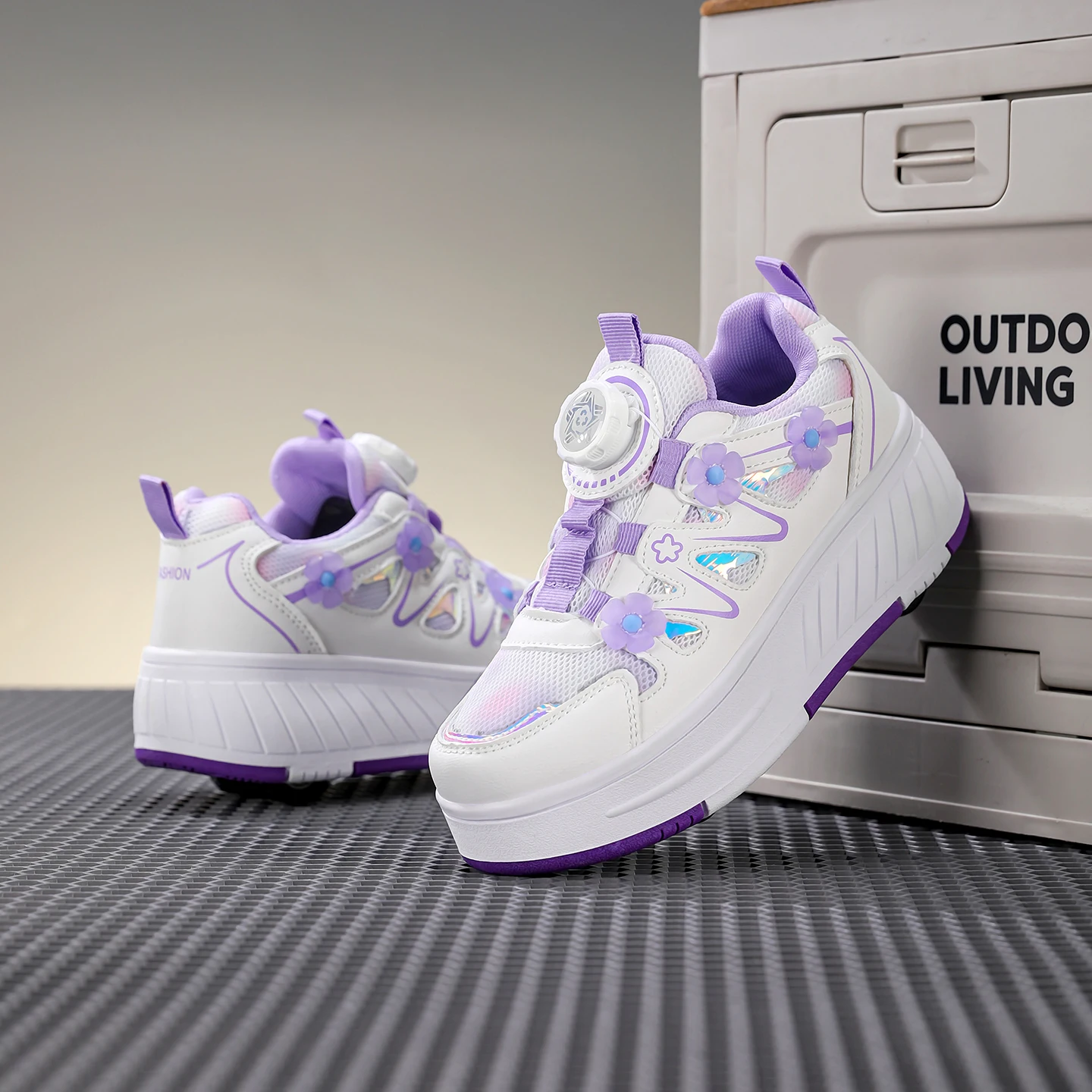 Kids Girls 4 Wheels Roller Skate Shoes Breathable Mesh Flower Rotary Buckle Walk & Roll Casual Sneakers