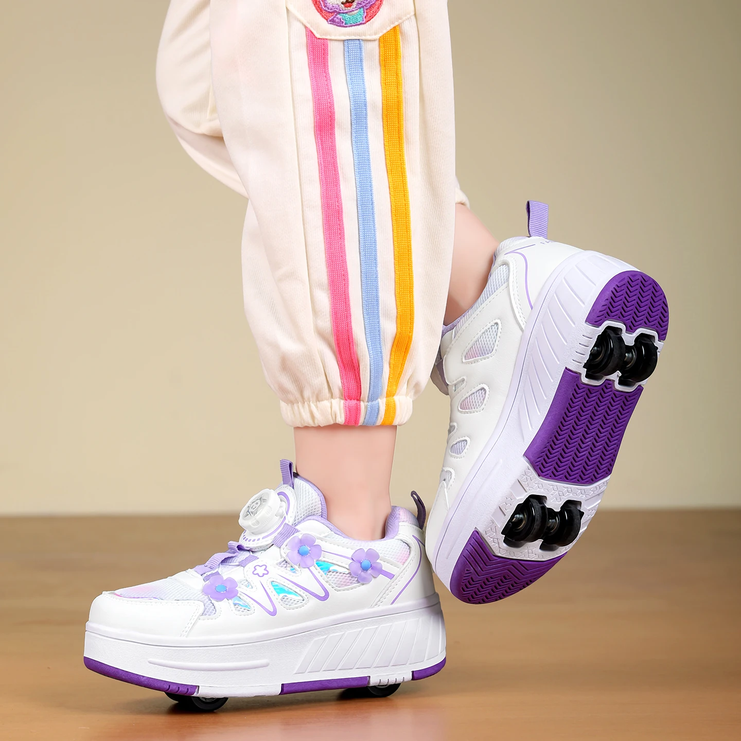 Kids Girls 4 Wheels Roller Skate Shoes Breathable Mesh Flower Rotary Buckle Walk & Roll Casual Sneakers