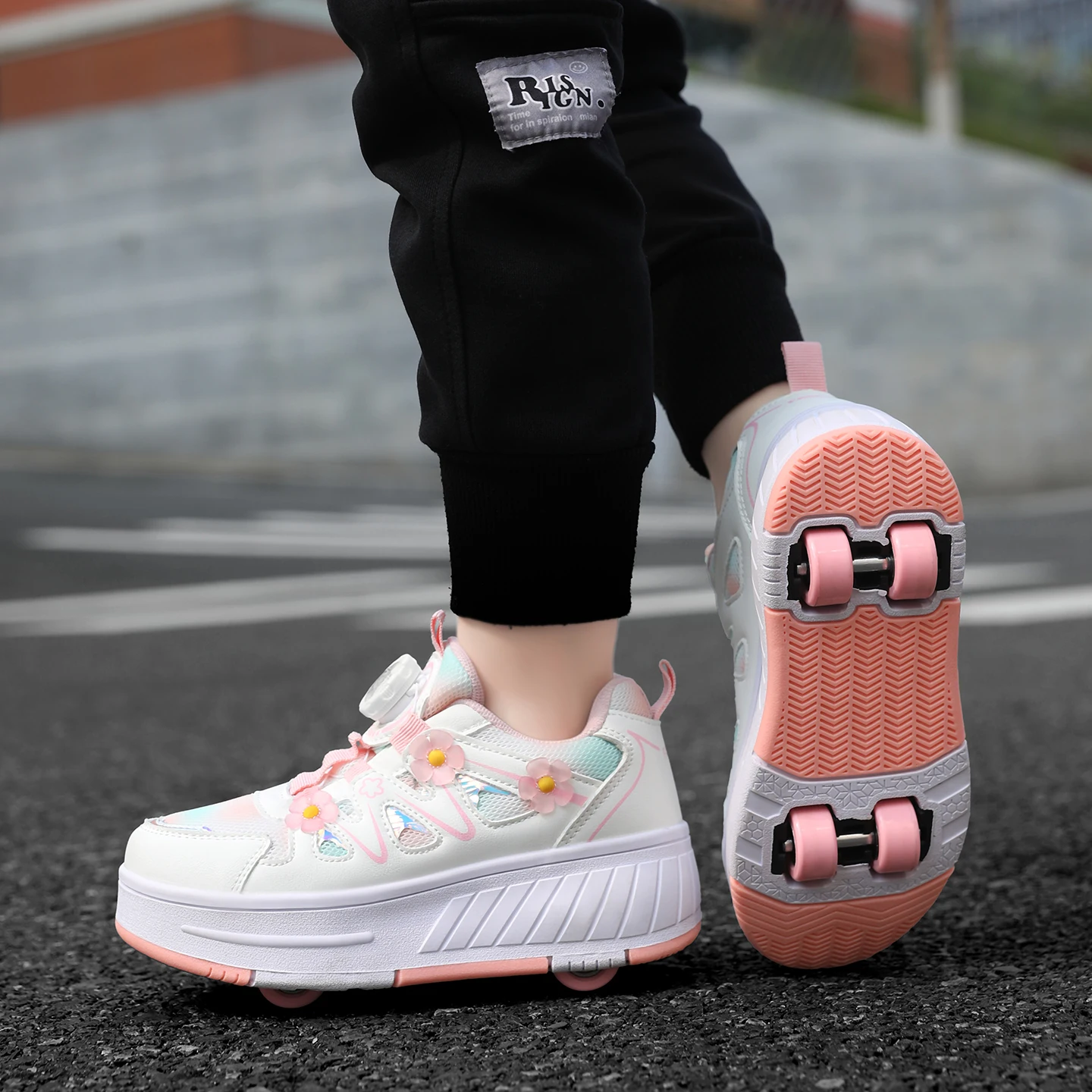 Kids Girls 4 Wheels Roller Skate Shoes Breathable Mesh Flower Rotary Buckle Walk & Roll Casual Sneakers