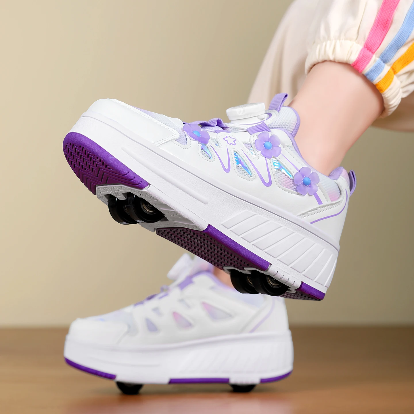 Kids Girls 4 Wheels Roller Skate Shoes Breathable Mesh Flower Rotary Buckle Walk & Roll Casual Sneakers