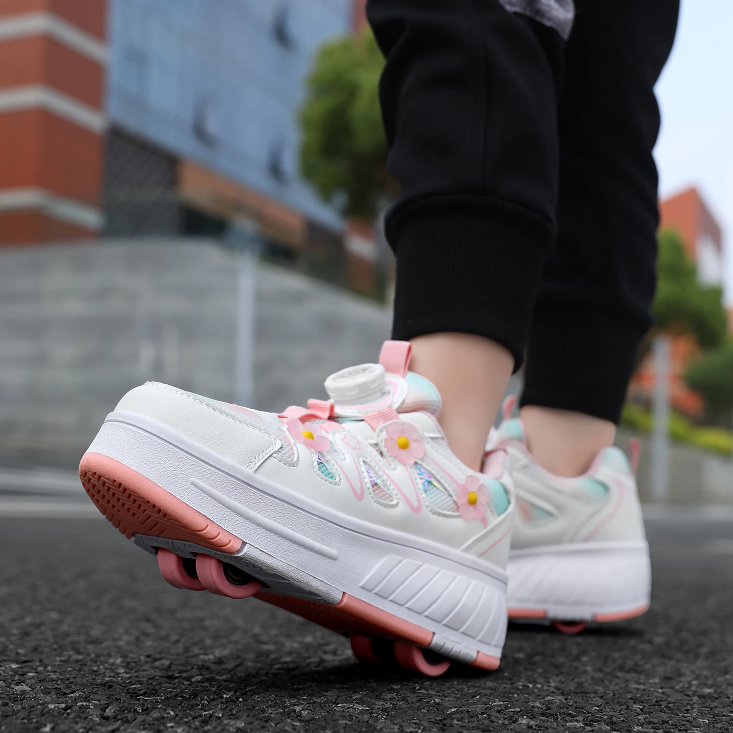Kids Girls 4 Wheels Roller Skate Shoes Breathable Mesh Flower Rotary Buckle Walk & Roll Casual Sneakers