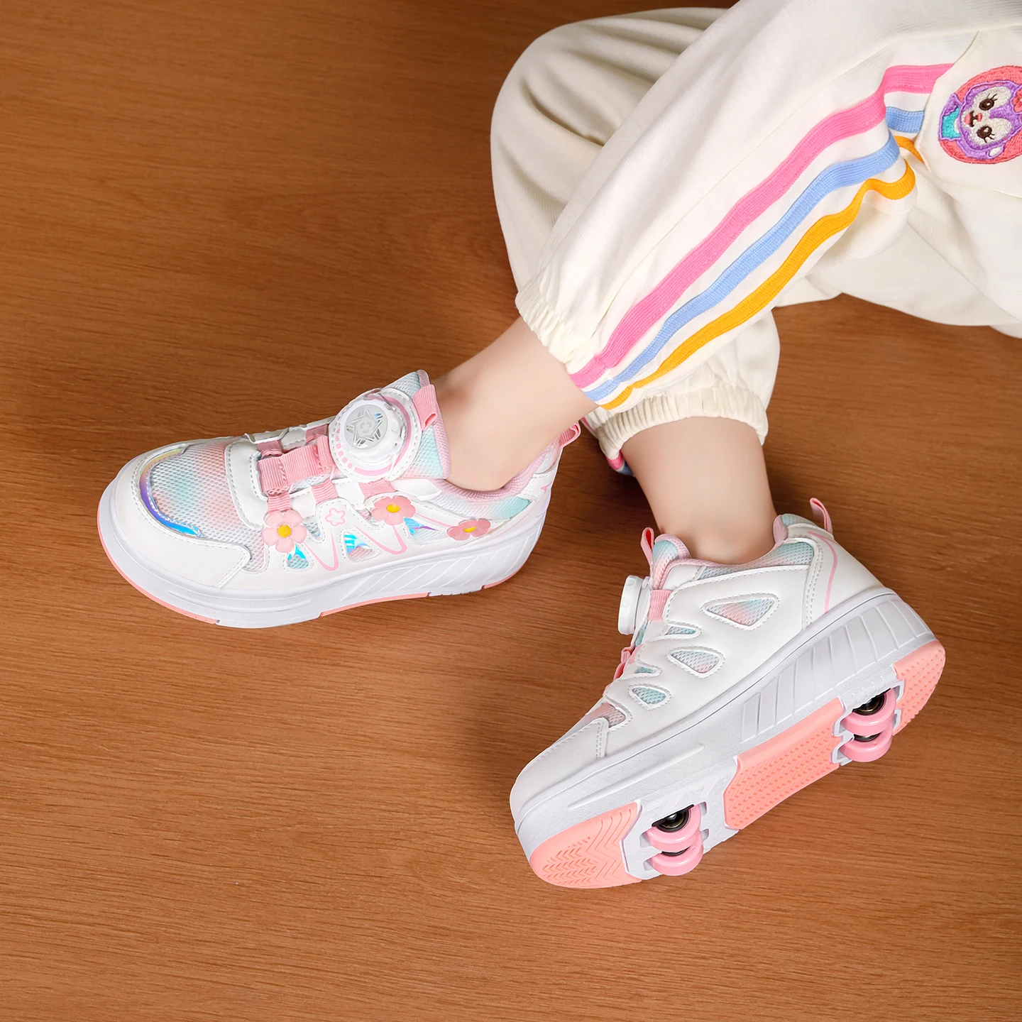 Kids Girls 4 Wheels Roller Skate Shoes Breathable Mesh Flower Rotary Buckle Walk & Roll Casual Sneakers