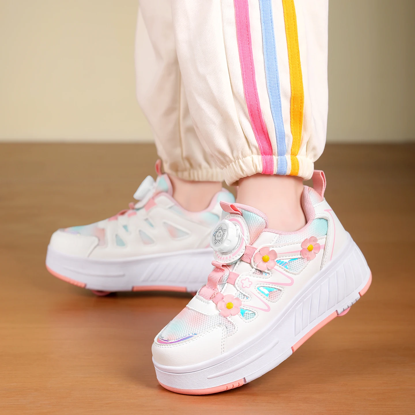Kids Girls 4 Wheels Roller Skate Shoes Breathable Mesh Flower Rotary Buckle Walk & Roll Casual Sneakers