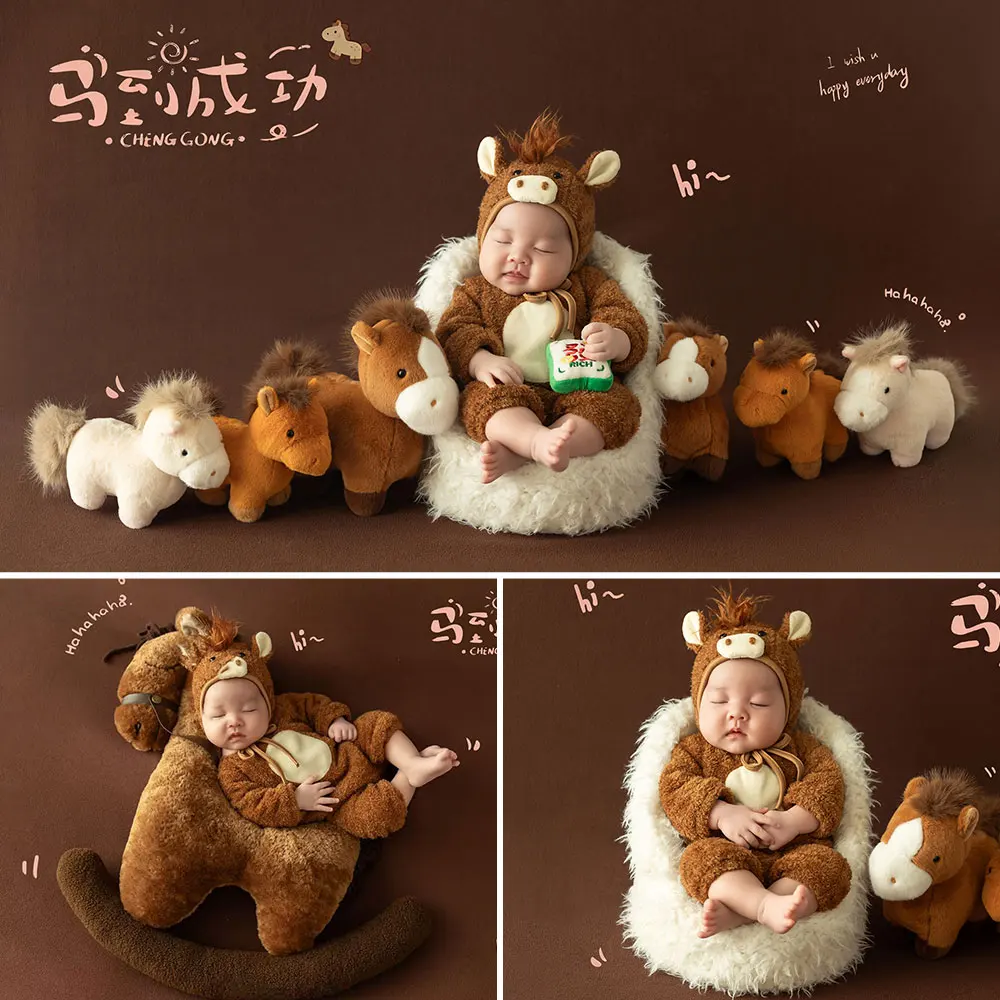 0-1 Month Cute Newborn Photography Props Cartoon Horse Theme Style Baby Outfits with Matching Horse Doll for Baby Posing