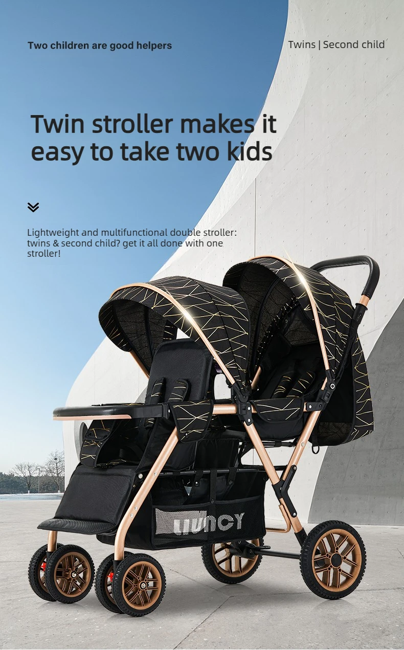 High-view Twin Stroller, Lightweight and Foldable, Can Be Used in Sitting or Reclining Positions, Front and Rear Seating.