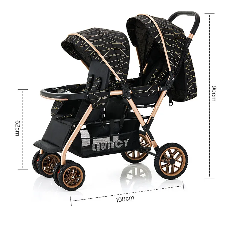 High-view Twin Stroller, Lightweight and Foldable, Can Be Used in Sitting or Reclining Positions, Front and Rear Seating.