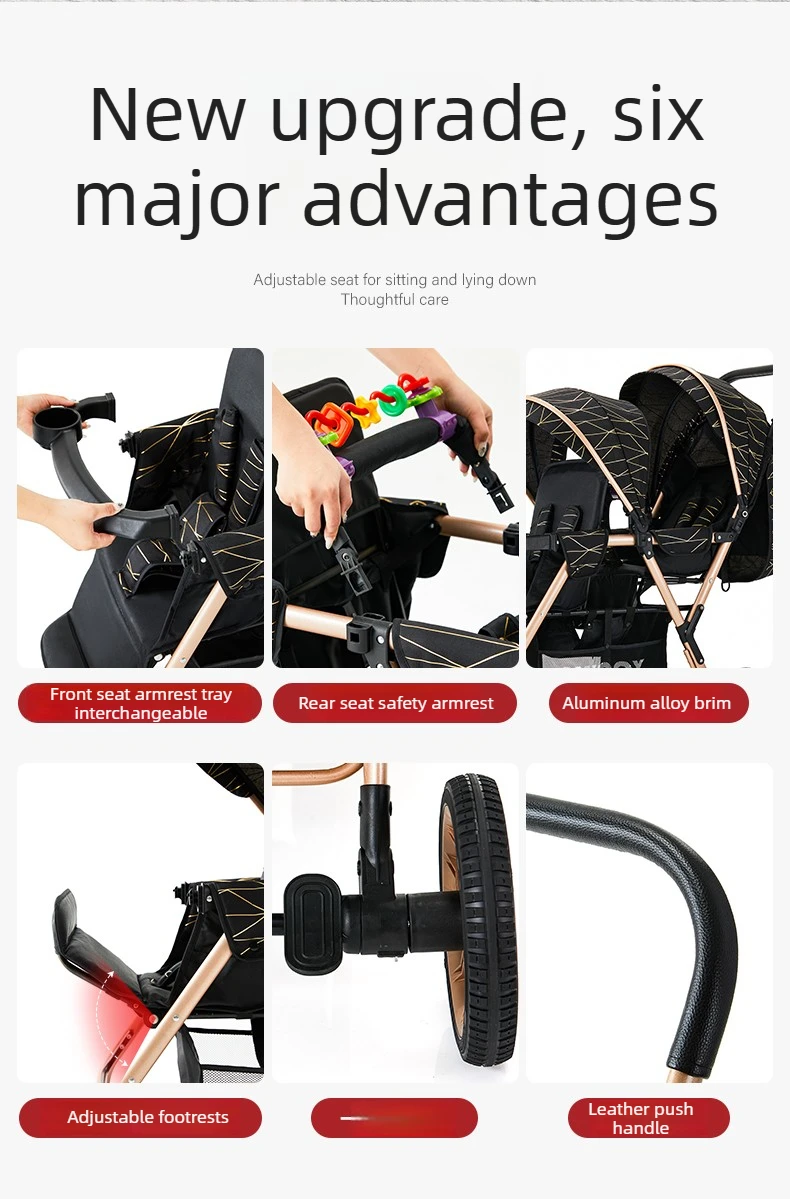 High-view Twin Stroller, Lightweight and Foldable, Can Be Used in Sitting or Reclining Positions, Front and Rear Seating.
