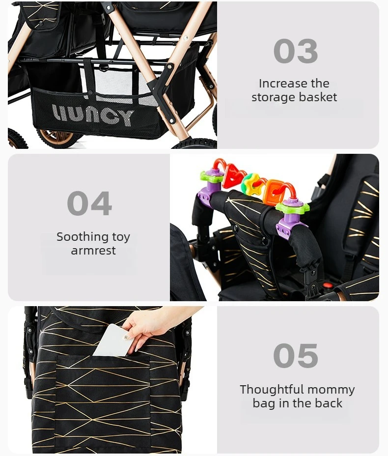 High-view Twin Stroller, Lightweight and Foldable, Can Be Used in Sitting or Reclining Positions, Front and Rear Seating.