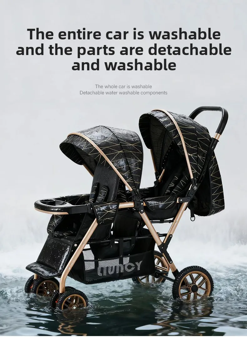 High-view Twin Stroller, Lightweight and Foldable, Can Be Used in Sitting or Reclining Positions, Front and Rear Seating.