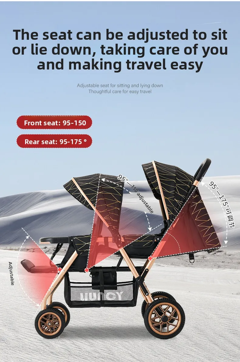 High-view Twin Stroller, Lightweight and Foldable, Can Be Used in Sitting or Reclining Positions, Front and Rear Seating.