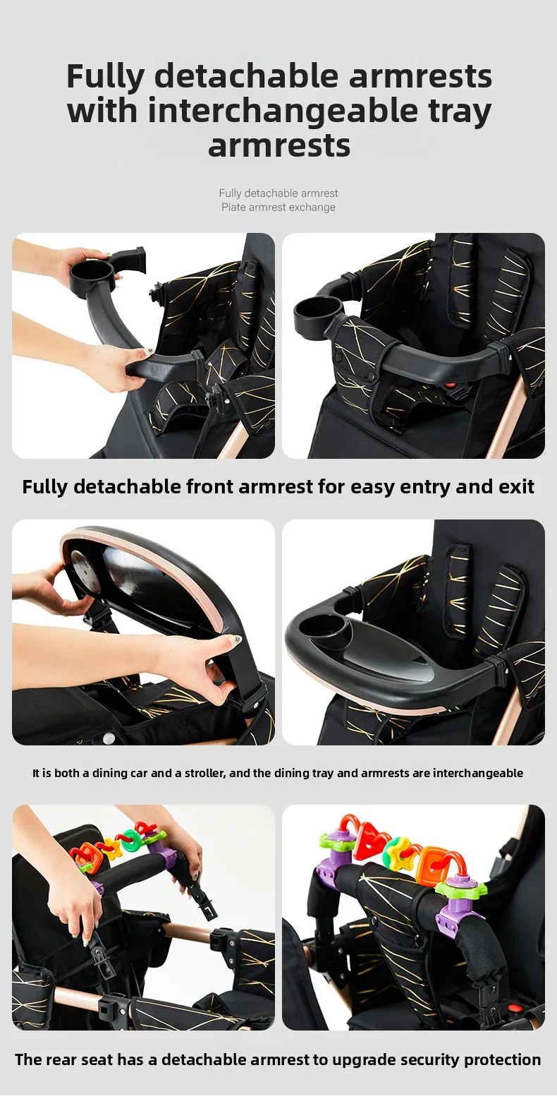 High-view Twin Stroller, Lightweight and Foldable, Can Be Used in Sitting or Reclining Positions, Front and Rear Seating.