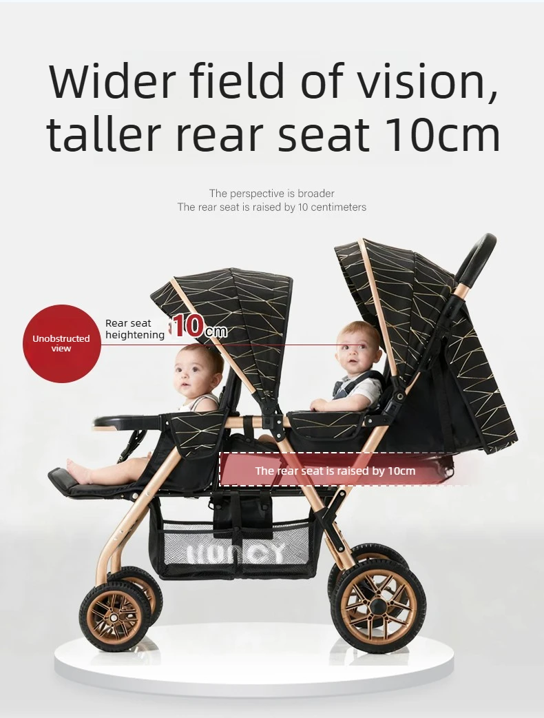 High-view Twin Stroller, Lightweight and Foldable, Can Be Used in Sitting or Reclining Positions, Front and Rear Seating.