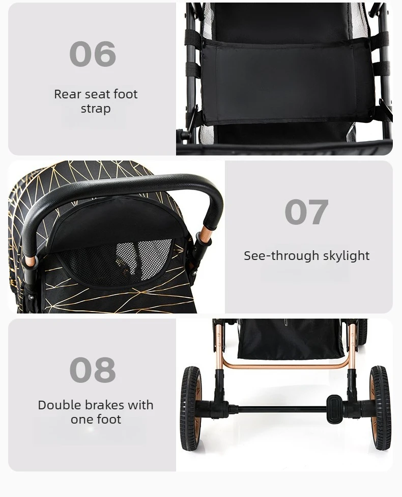 High-view Twin Stroller, Lightweight and Foldable, Can Be Used in Sitting or Reclining Positions, Front and Rear Seating.