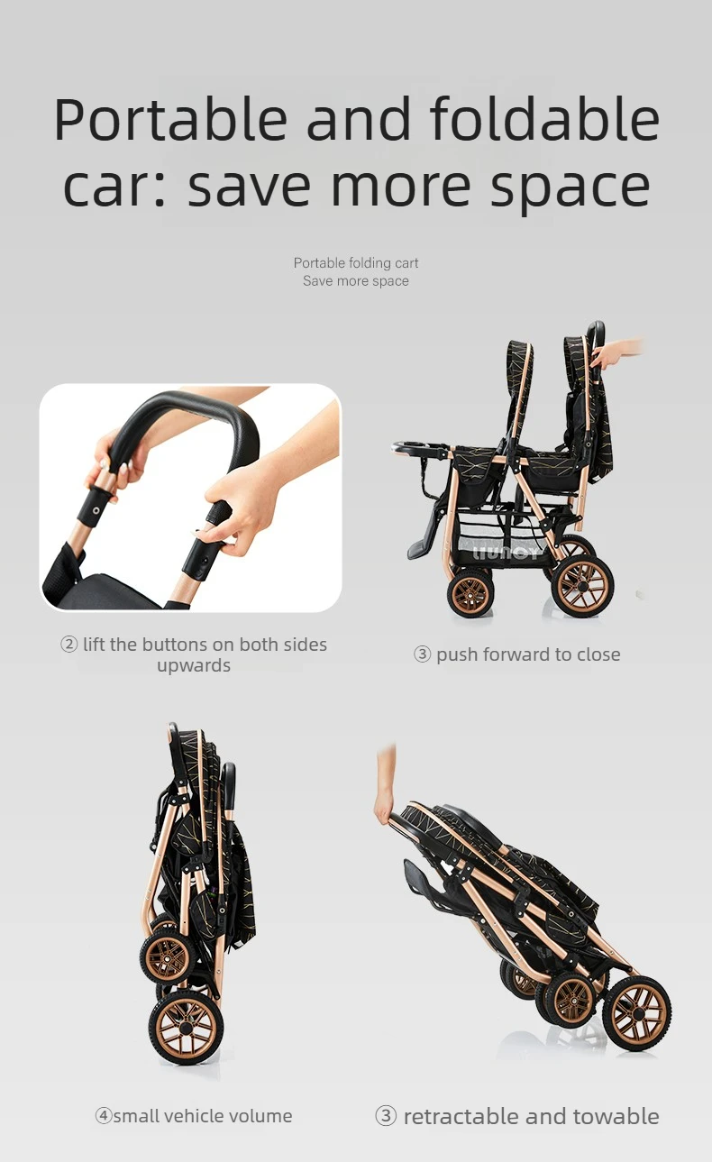 High-view Twin Stroller, Lightweight and Foldable, Can Be Used in Sitting or Reclining Positions, Front and Rear Seating.