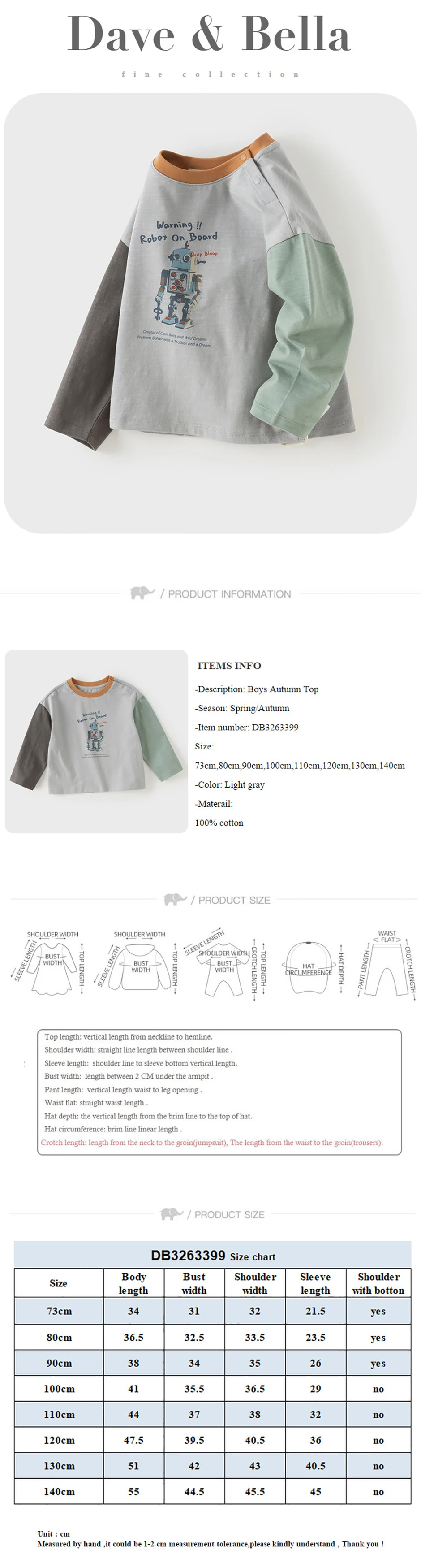 Dave Bella Children Bottom T-shirt Pullover Autumn Spring Tops Boys Pure Cotton Clothes Robot Printing Fashion Sports DB3263399