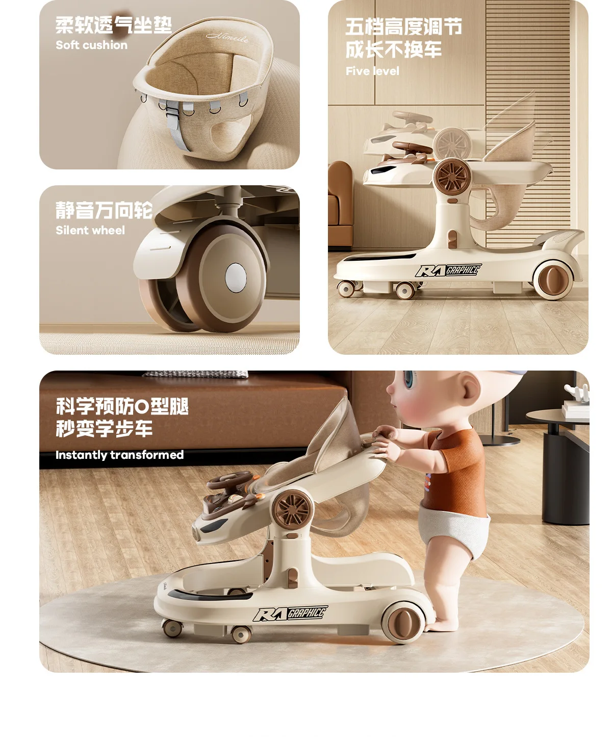 3 in 1 Baby Walker Foldable Push Walker Anti O Leg Toddler Learning Walker with Wheels Adjustable Infant Activity Center