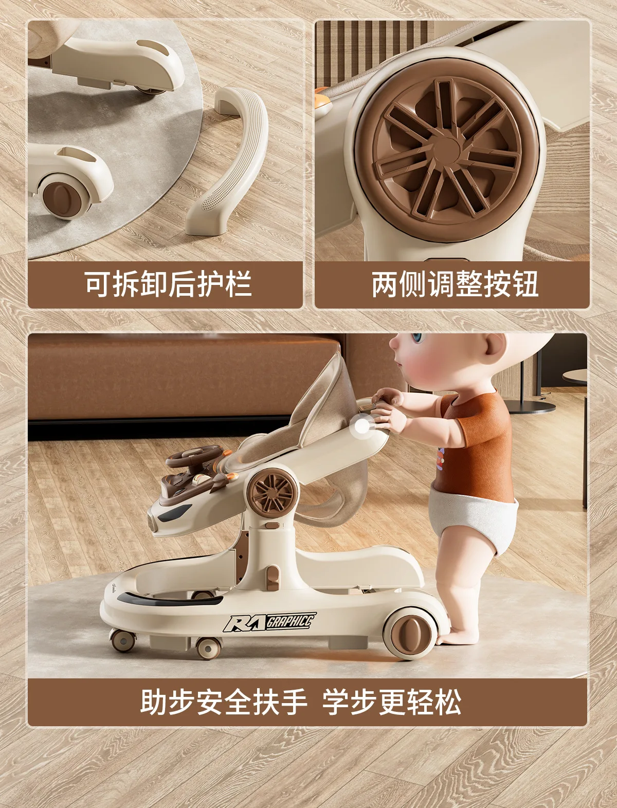3 in 1 Baby Walker Foldable Push Walker Anti O Leg Toddler Learning Walker with Wheels Adjustable Infant Activity Center