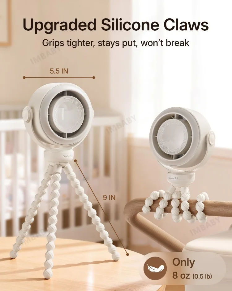 IMBABY Stroller Fan with Flexible Tripod, 5-Speed Quiet Mini Clip Fan, 360° Adjustable Portable USB Rechargeable Fan for Baby