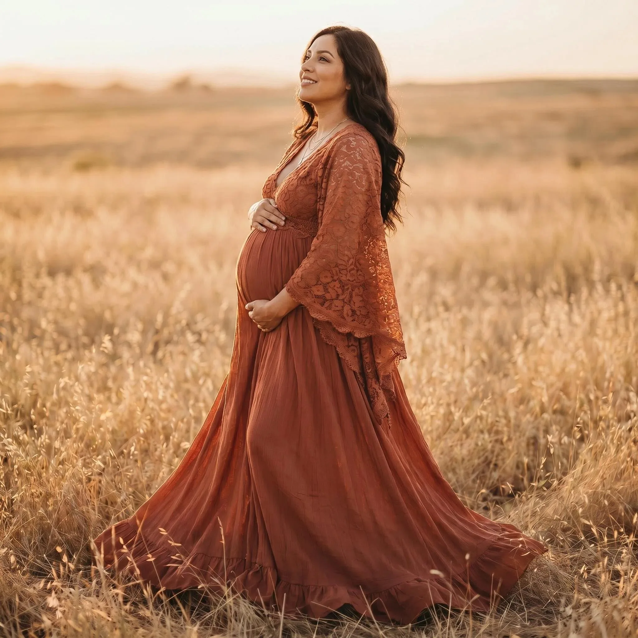 Rust Lace Tassels Boho Pregnant Women Photography Props Dresses Bohemian Style Maternity Long Dress For Photo Shoot
