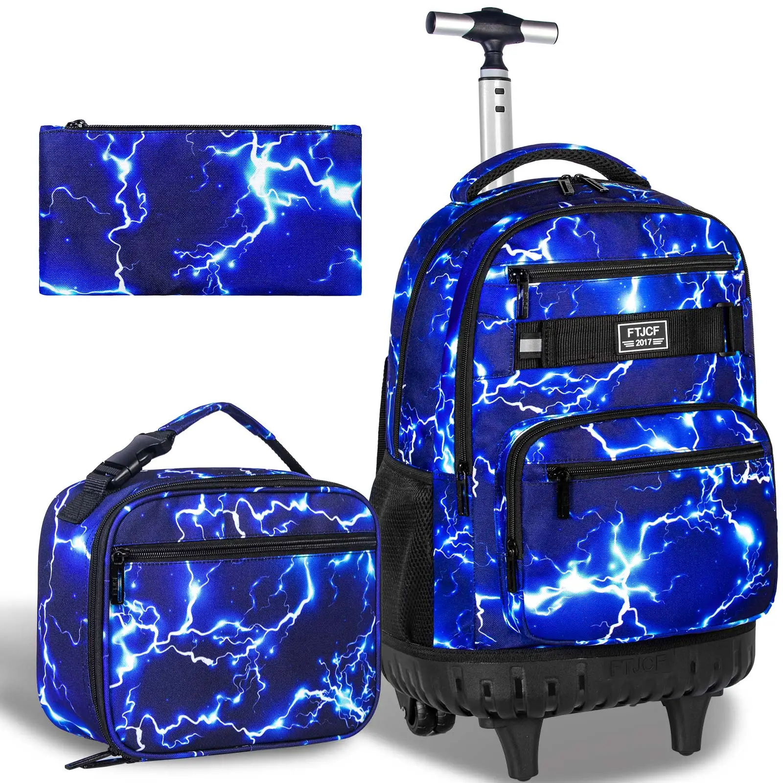 3Pcs Blue Lightning Soccer Wheeled Backpack Set Kids Trolley School Bag with Lunch Box