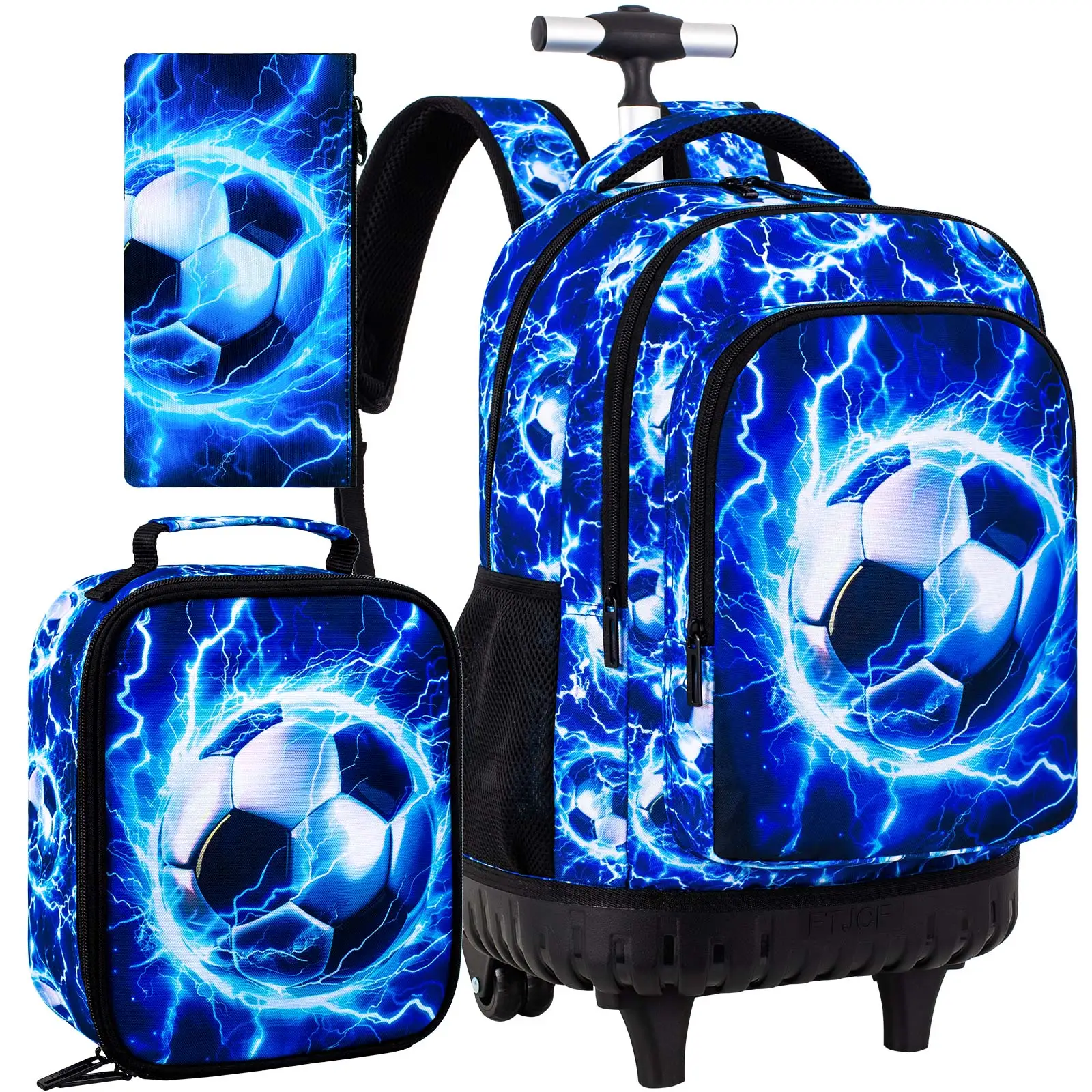 3Pcs Blue Lightning Soccer Wheeled Backpack Set Kids Trolley School Bag with Lunch Box