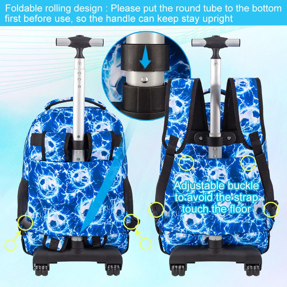 3Pcs Blue Lightning Soccer Wheeled Backpack Set Kids Trolley School Bag with Lunch Box