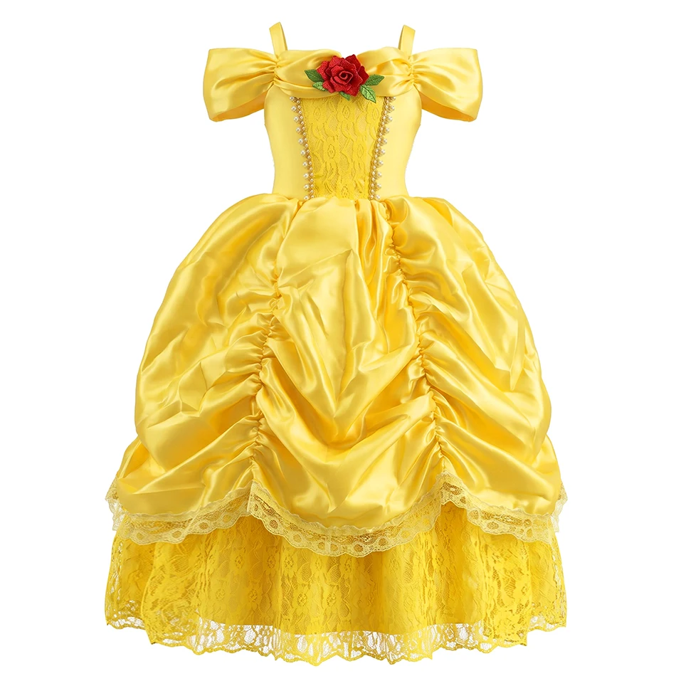Belle Princess Dress For Girls Halloween Cosplay Costume Children Stage Performance Outfits Kids Yellow Lace Luxury Frocks