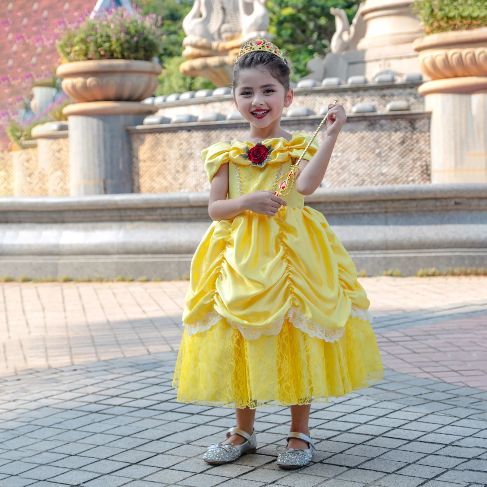 Belle Princess Dress For Girls Halloween Cosplay Costume Children Stage Performance Outfits Kids Yellow Lace Luxury Frocks