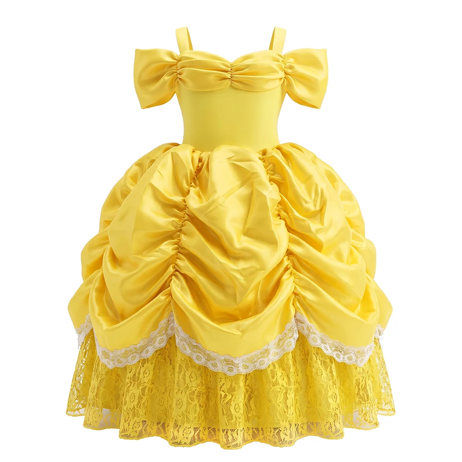 Belle Princess Dress For Girls Halloween Cosplay Costume Children Stage Performance Outfits Kids Yellow Lace Luxury Frocks