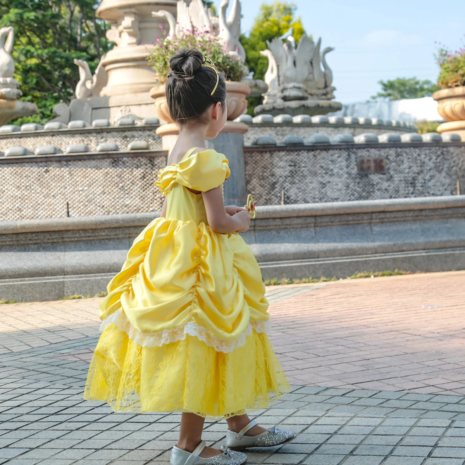 Belle Princess Dress For Girls Halloween Cosplay Costume Children Stage Performance Outfits Kids Yellow Lace Luxury Frocks