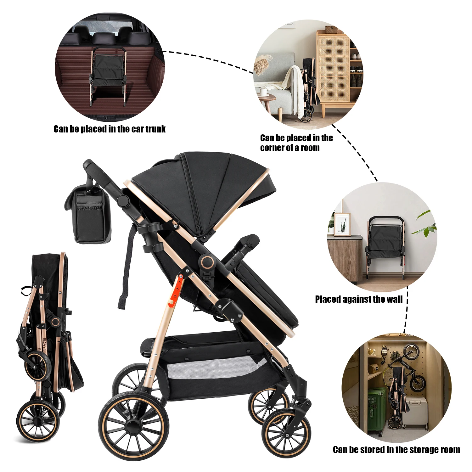 Baby Stroller 3 in 1 Travel System for Newborn Baby Carriage Pram Baby Cart Lightweight Buggy with Carrycot Car Seat Foldable Reversible Seat Adjustable Handle Shock Absorption EVA Wheels Pushchair Bassinet Storage Basket Accessories 0-36 Months