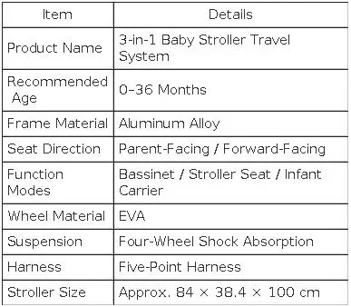 Baby Stroller 3 in 1 Travel System for Newborn Baby Carriage Pram Baby Cart Lightweight Buggy with Carrycot Car Seat Foldable Reversible Seat Adjustable Handle Shock Absorption EVA Wheels Pushchair Bassinet Storage Basket Accessories 0-36 Months