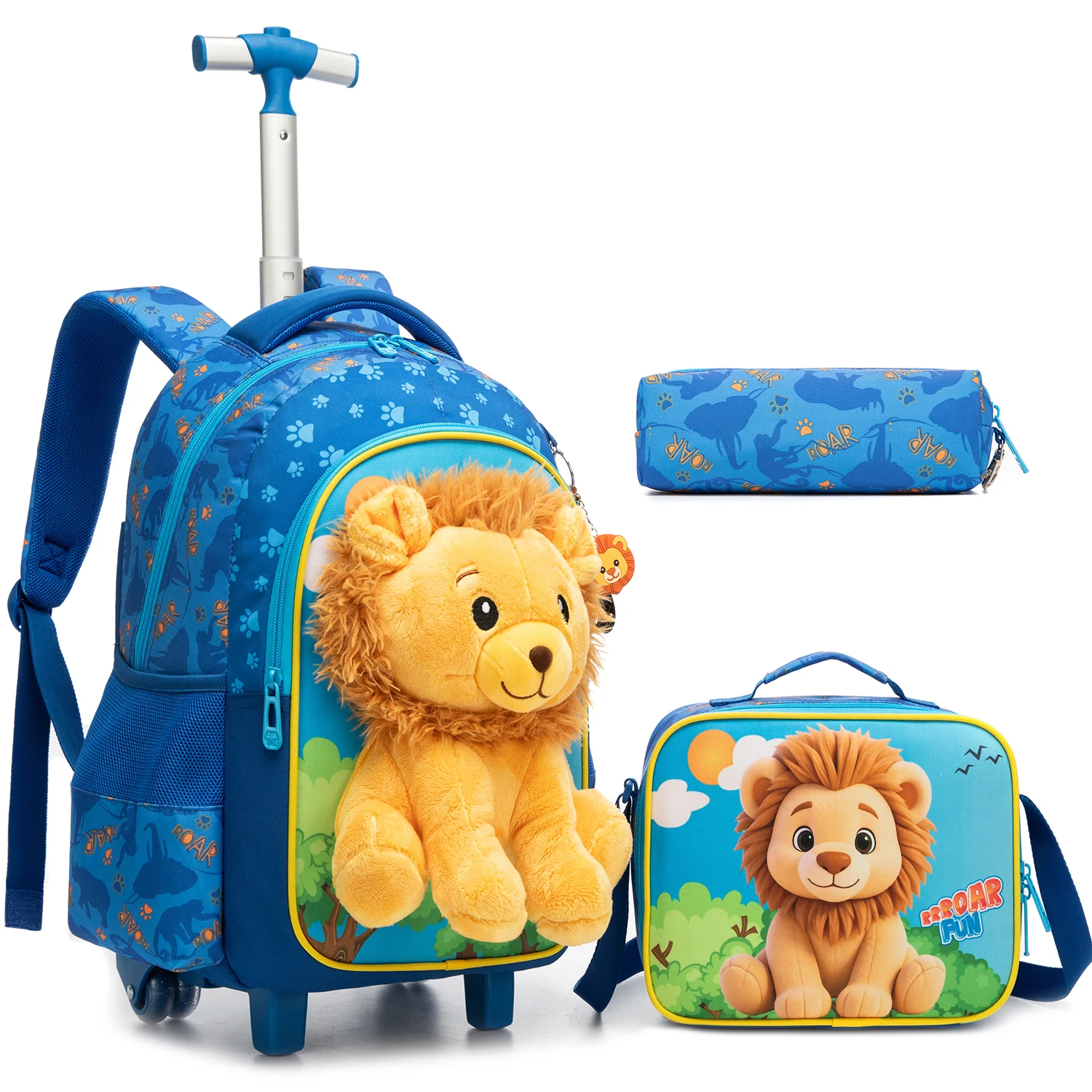 3 in 1 Backpack with Wheels for Girls Rolling Letter Backpack Cute Carry on Backpack Kids Luggage with Lunch Box Pencil Case