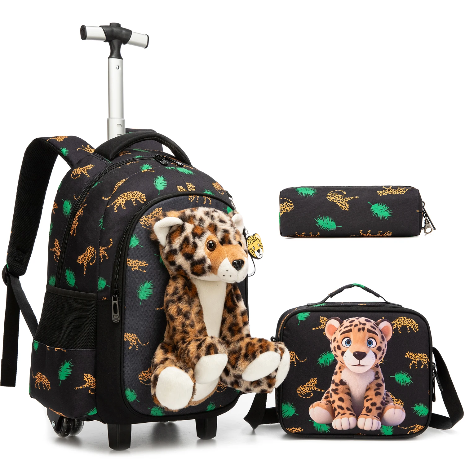 3 in 1 Backpack with Wheels for Girls Rolling Letter Backpack Cute Carry on Backpack Kids Luggage with Lunch Box Pencil Case