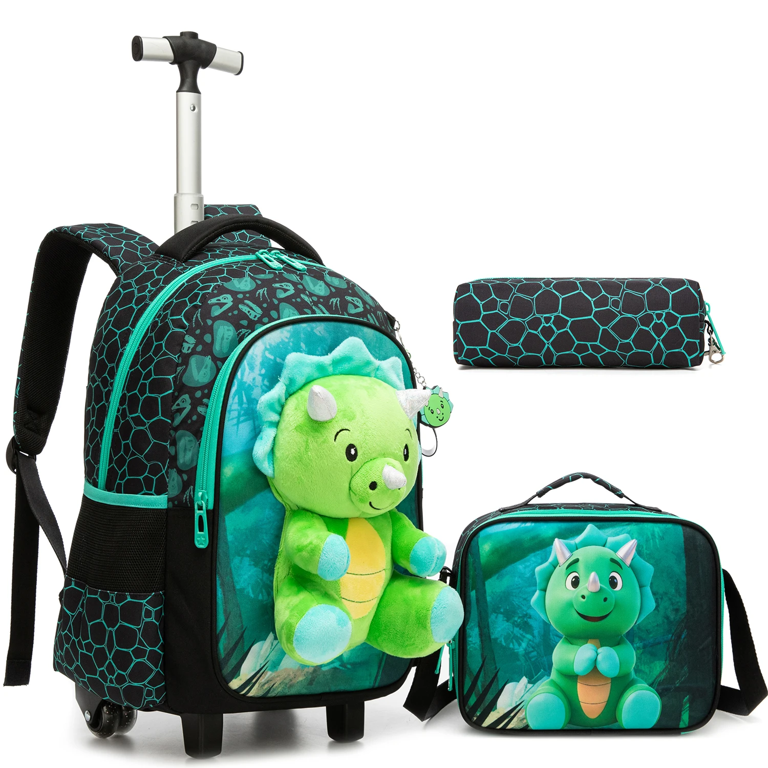 3 in 1 Backpack with Wheels for Girls Rolling Letter Backpack Cute Carry on Backpack Kids Luggage with Lunch Box Pencil Case