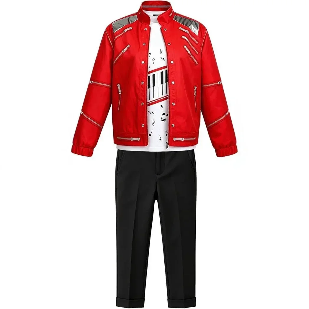 Kids Hip Hop Stage Performance Outfit Boys Retro Dance Costume Red Jacket Piano Print Shirt Pants Set Halloween Carnival Clothes