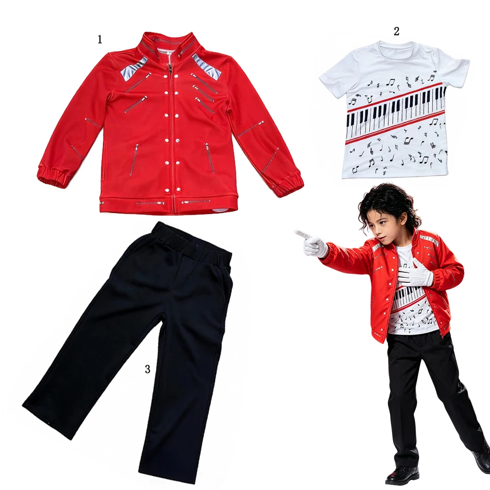 Kids Hip Hop Stage Performance Outfit Boys Retro Dance Costume Red Jacket Piano Print Shirt Pants Set Halloween Carnival Clothes