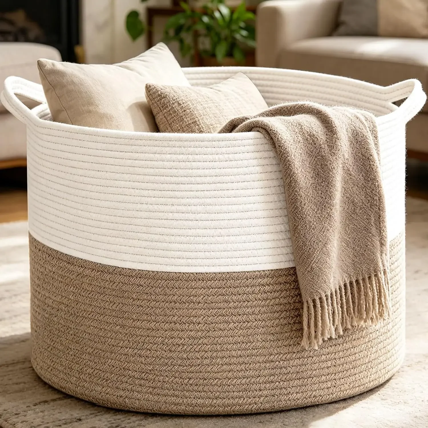 New Large Cotton Rope Basket, 83L Big Woven Storage, Blanket Organizers and Storage, Nursery Laundry Basket, Extra Large Toy Bin
