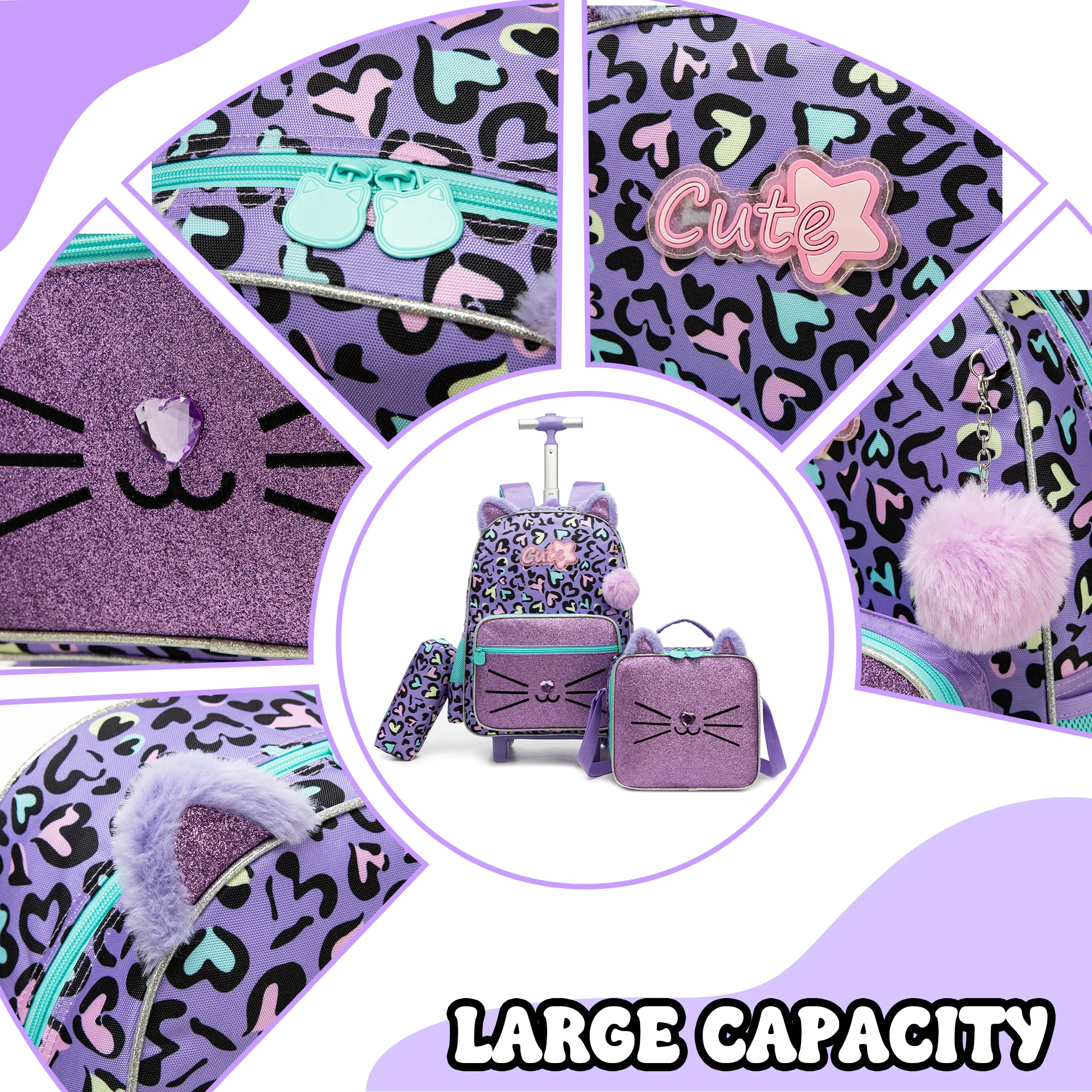 Backpack with Wheels for Girls Rolling Backpack Cute Carry on Backpack Kids Luggage with Lunch Box Pencil Case for Student