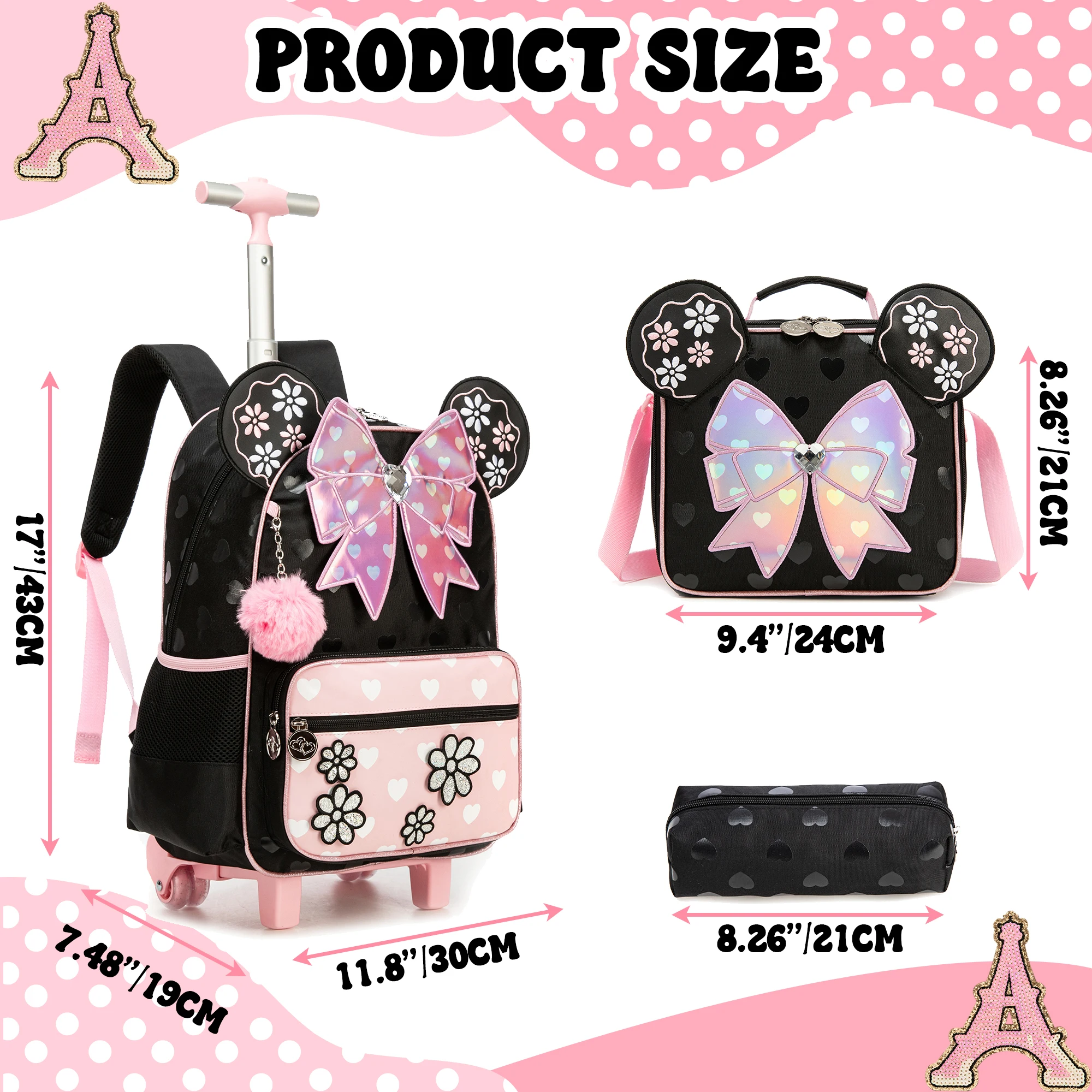 Backpack with Wheels for Girls Rolling Backpack Cute Carry on Backpack Kids Luggage with Lunch Box Pencil Case for Student