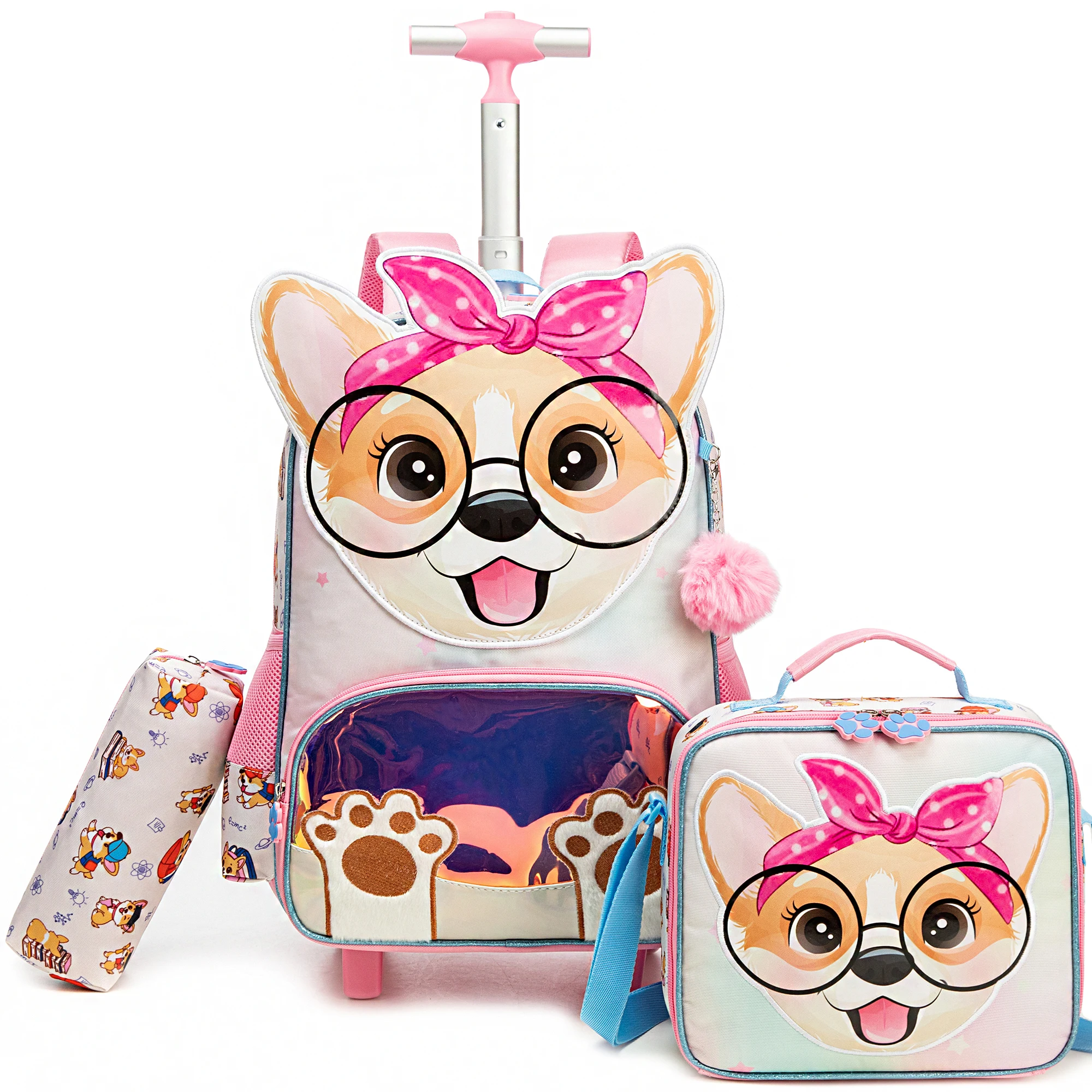 Backpack with Wheels for Girls Rolling Backpack Cute Carry on Backpack Kids Luggage with Lunch Box Pencil Case for Student