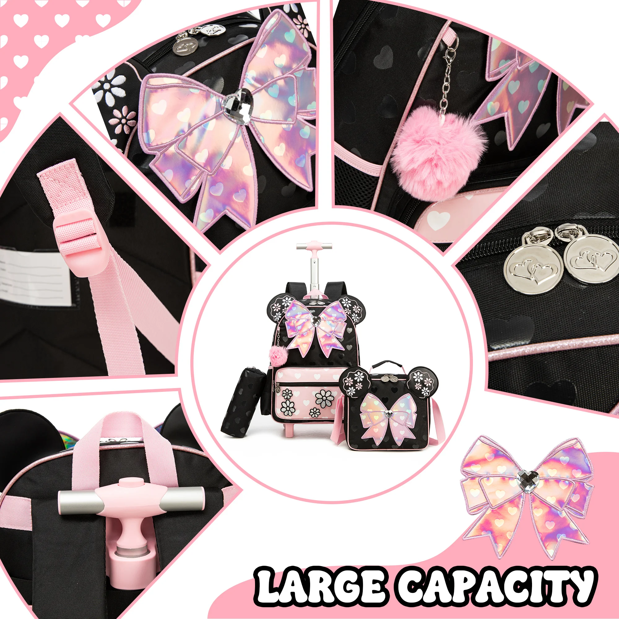 Backpack with Wheels for Girls Rolling Backpack Cute Carry on Backpack Kids Luggage with Lunch Box Pencil Case for Student