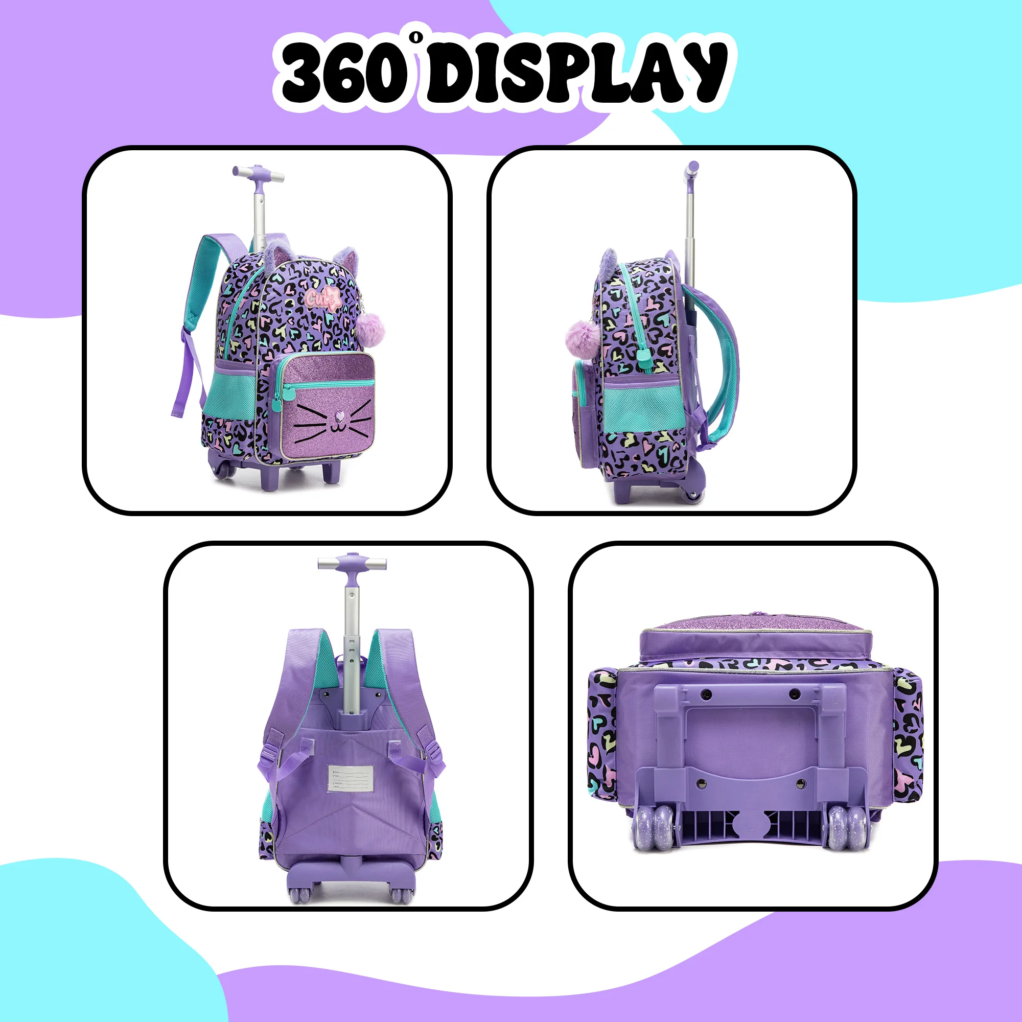 Backpack with Wheels for Girls Rolling Backpack Cute Carry on Backpack Kids Luggage with Lunch Box Pencil Case for Student