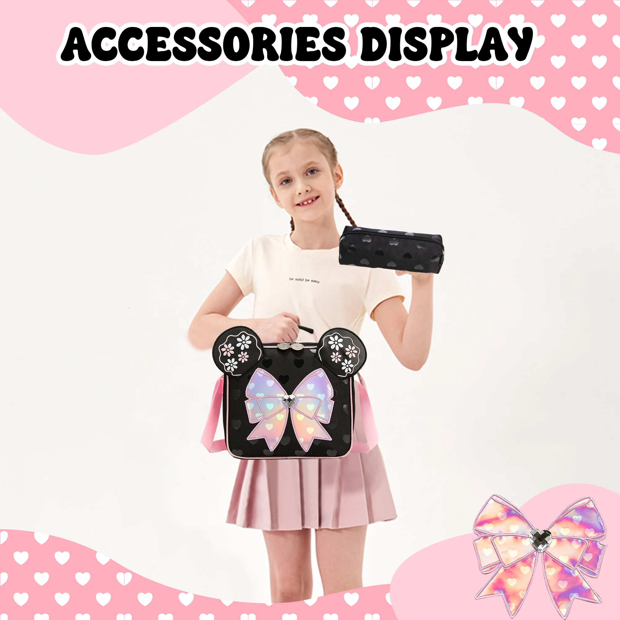 Backpack with Wheels for Girls Rolling Backpack Cute Carry on Backpack Kids Luggage with Lunch Box Pencil Case for Student