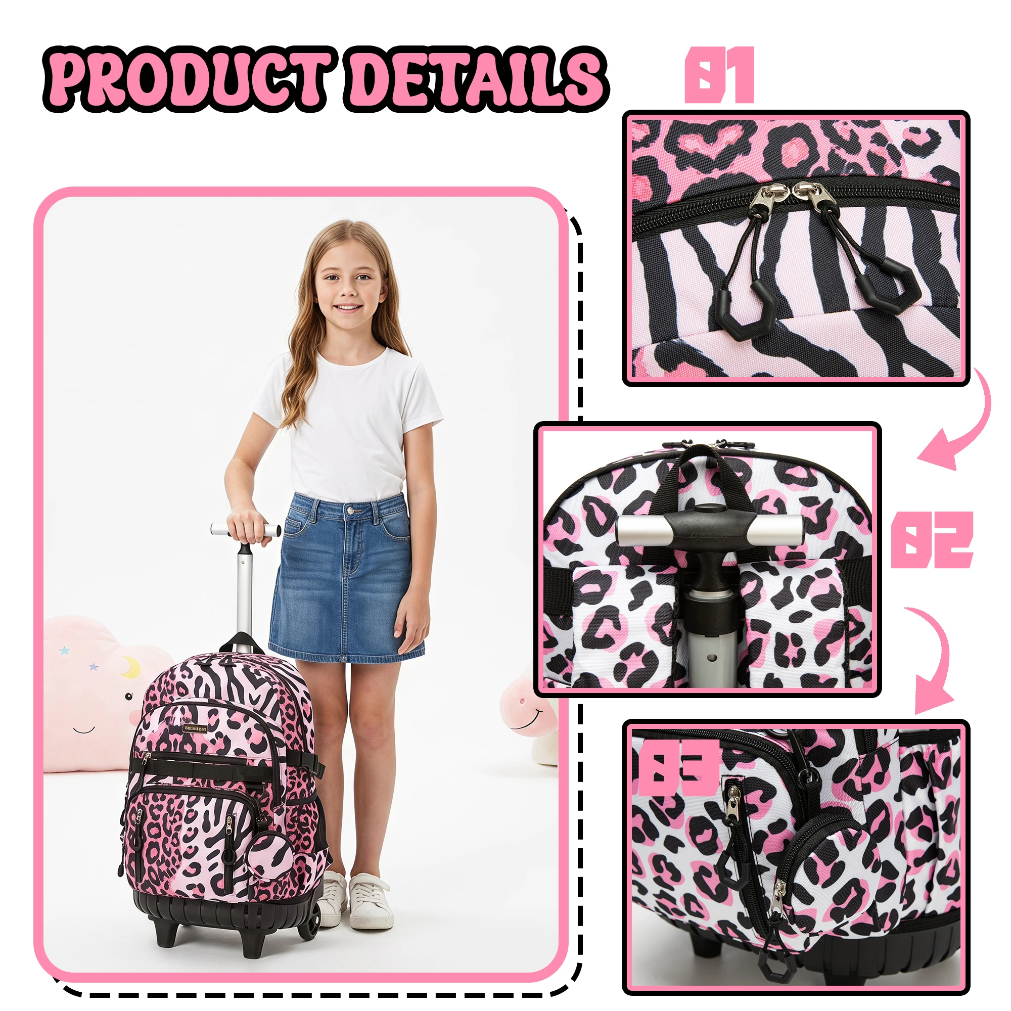 Rolling Backpacks for Kids Backpack for Girls with Lunch Bag Pencil Case 16.5" Kids Backpack with Wheels Roller Backpacks