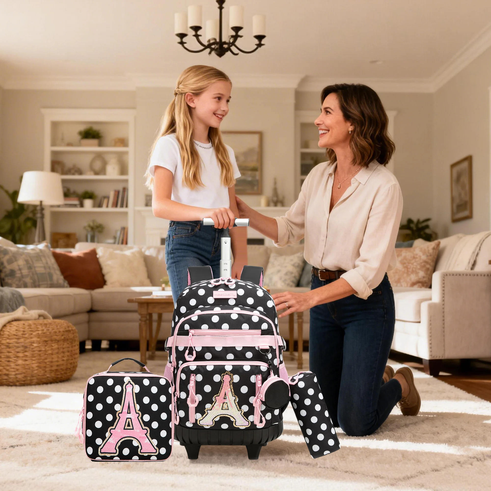 Rolling Backpacks for Kids Backpack for Girls with Lunch Bag Pencil Case 16.5" Kids Backpack with Wheels Roller Backpacks