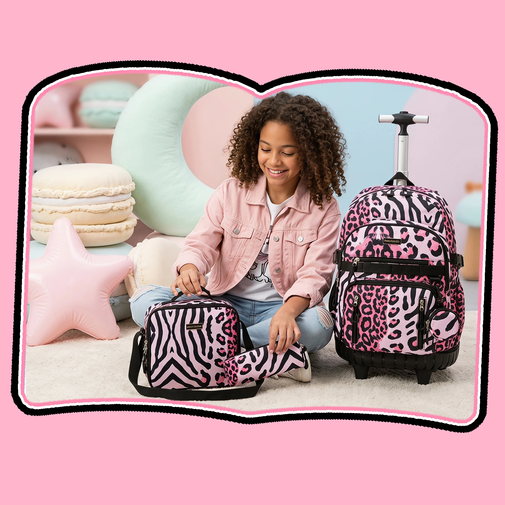 Rolling Backpacks for Kids Backpack for Girls with Lunch Bag Pencil Case 16.5" Kids Backpack with Wheels Roller Backpacks